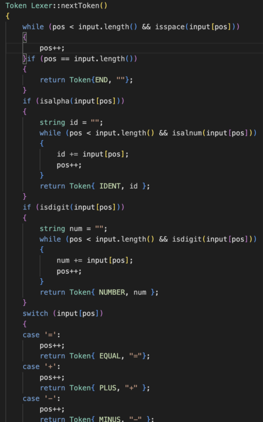 Code for the recursive descent luxer